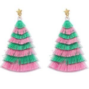 Pink and Green Tassel Christmas Tree Earrings - New
